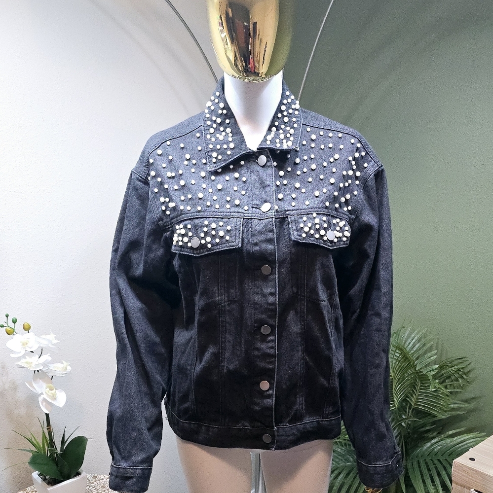 Women's Long Sleeves Button Down Denim Jean Jacket Pearl Beaded